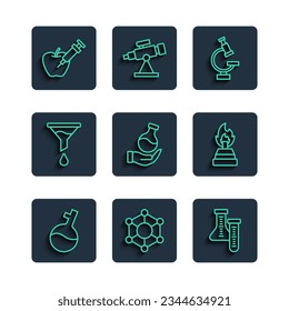 Set line Test tube, Molecule, Microscope, Funnel or filter, Genetically modified apple and Alcohol spirit burner icon. Vector