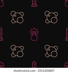 Set line Test tube, Molecule and Explosion in the flask on seamless pattern. Vector