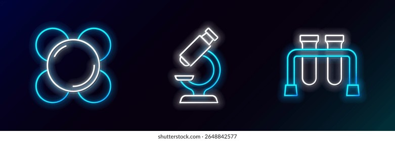 Set line Test tube, Molecule and Microscope icon. Glowing neon. Vector