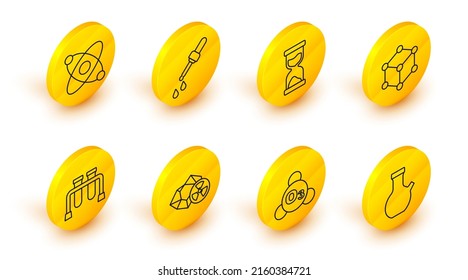 Set line Test tube, Ozone, Radioactive, Molecule, Old hourglass, Pipette and Atom icon. Vector