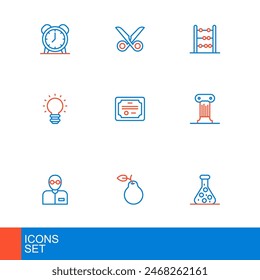 Set line Test tube, Pear, Teacher, Law pillar, Creative lamp light idea, Certificate template, Abacus and Scissors icon. Vector