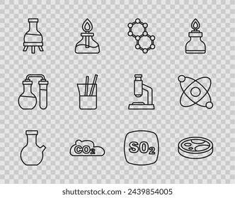 Set line Test tube, Petri dish with bacteria, Molecule, CO2 emissions in cloud, Laboratory glassware, Sulfur dioxide SO2 and Atom icon. Vector