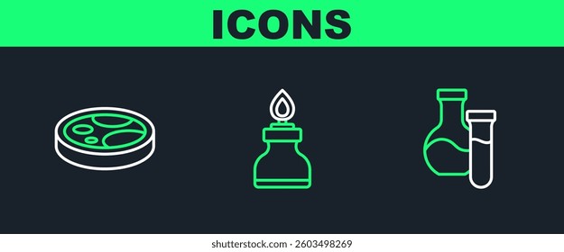 Set line Test tube, Petri dish with bacteria and Alcohol or spirit burner icon. Vector