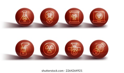 Set line Test tube radiation, Nuclear power plant, laptop, Industry pipe and valve, Radioactive, exchange energy and waste in barrel icon. Vector