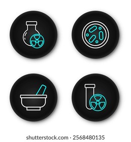 Set line Test tube radiation, Mortar and pestle, Petri dish with bacteria and  icon. Vector