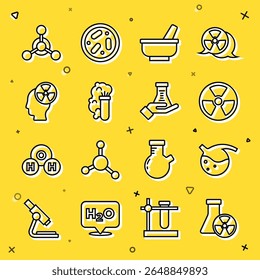 Set line Test tube radiation, and flask, Radioactive, Mortar pestle, Chemical explosion, Head symbol, Molecule and  icon. Vector