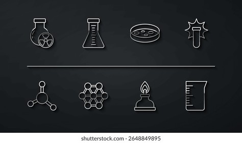 Linha Set Radiação tubo de ensaio, Molécula, Explosão química, Queimador de álcool ou álcool, e frasco, copo de vidro de laboratório e placa de Petri com ícone de bactérias. Vetor