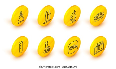 Set line Test tube, Sulfur dioxide SO2, with toxic liquid, Petri dish bacteria, Microscope, flask on stand and Alcohol or spirit burner icon. Vector