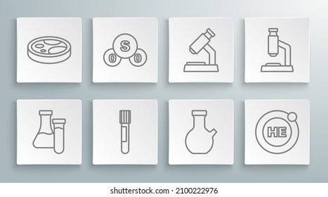 Set line Test tube, Sulfur dioxide SO2, Helium, Microscope,  and Petri dish with bacteria icon. Vector