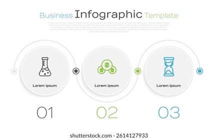 Set line Test tube, Sulfur dioxide SO2 and Old hourglass. Business infographic template. Vector