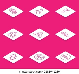 Set Line Test Tube With Toxic Liquid, Microscope, Ozone, CO2 Emissions In Cloud, Molecule And Helium Icon. Vector
