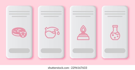Set line Test tube with toxic liquid, Alcohol or spirit burner and . White rectangle button. Vector