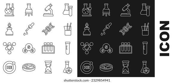 Set line Test tube with toxic liquid, Laboratory glassware, Microscope, Pipette, Alcohol spirit burner, flask on stand and DNA symbol icon. Vector