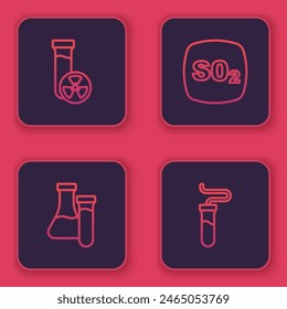 Set line Test tube with toxic liquid, Sulfur dioxide SO2 and . Blue square button. Vector