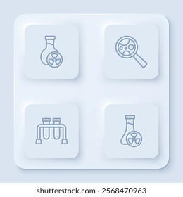 Set line Test tube with toxic liquid, Microorganisms under magnifier,  and . White square button. Vector