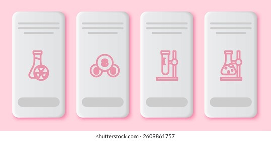 Set line Test tube with toxic liquid, Sulfur dioxide SO2, flask on stand and . White rectangle button. Vector