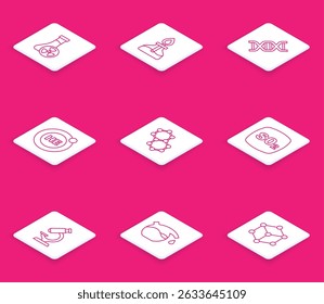 Set line Test tube with toxic liquid, Alcohol or spirit burner, DNA symbol, Helium, Molecule, Sulfur dioxide SO2, Microscope and  icon. Vector