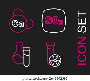 Set line Test tube with toxic liquid, Sulfur dioxide SO2 and Mineral Ca Calcium icon. Vector