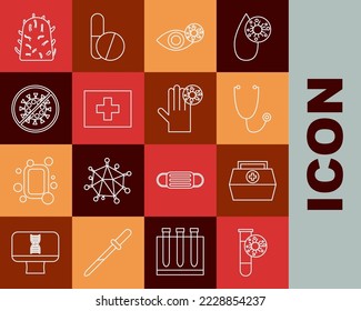 Set line Test tube with virus, First aid kit, Stethoscope, Reddish eye due to, Stop, Rabies and Hand icon. Vector