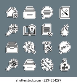 Set line Test tube with virus, Speech bubble snoring, Clean water drop, chat, Interesting facts, Microorganisms under magnifier, House service and File document icon. Vector