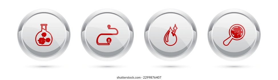 Set line Test tube with virus, Route location, Clean water drop and Microorganisms under magnifier. Silver circle button. Vector