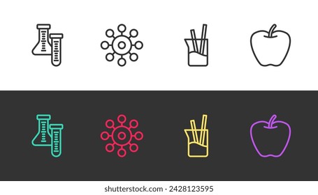 Set line Test tube, Virus, Laboratory glassware and Apple on black and white. Vector
