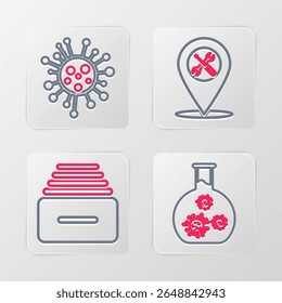 Set line Test tube with virus, Drawer documents, Location service and Bacteria icon. Vector