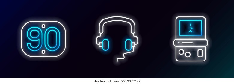 Set line Tetris, 90s Retro and Headphones icon. Glowing neon. Vector