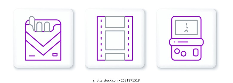 Set line Tetris, Cigarettes pack box and Play Video icon. Vector