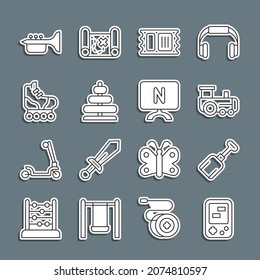 Set line Tetris electronic game, Shovel toy, Toy train, Circus ticket, Pyramid, Roller skate, Trumpet and Smart Tv icon. Vector