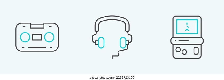 Ajuste la línea Tetris, cinta de audio Retro e icono Auriculares. Vector