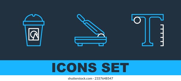 Set line Text, Coffee cup to go and Paper cutter icon. Vector