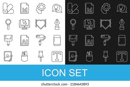 Set line Text, Eraser or rubber, Fountain pen nib, Human head with gear inside, Computer monitor and cursor, Magnifying glass, Color palette guide and Heart Bezier curve icon. Vector