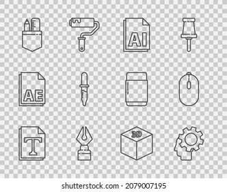 Set line Text file document, Human head with gear inside, AI, Fountain pen nib, Crossed ruler and pencil, Pipette, Isometric cube and Computer mouse icon. Vector