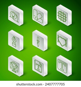 Set line Text, file document, Light bulb with concept of idea, Pipette, Fountain pen nib, Color palette guide, Computer monitor and gear and Heart Bezier curve icon. Vector