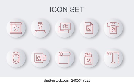Set line Text, Paint bucket, Business card, Paper shopping bag, 3D printer, Fountain pen nib, Coffee cup and Roll paper icon. Vector