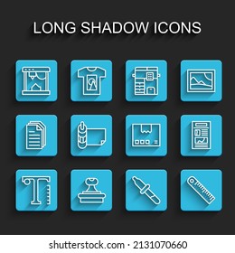 Set line Text, Stamp, 3D printer, Pipette, Ruler, Roll of paper, News and Carton cardboard box icon. Vector