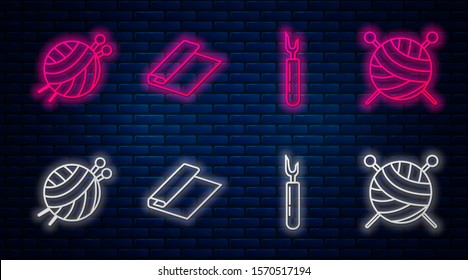 Set line Textile fabric roll, Cutter tool, Yarn ball with knitting needles and Yarn ball with knitting needles. Glowing neon icon on brick wall. Vector