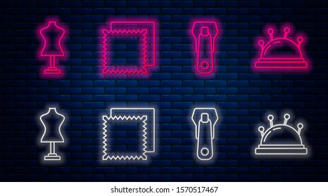 Set line Textile fabric roll, Zipper, Mannequin and Needle bed and needles. Glowing neon icon on brick wall. Vector
