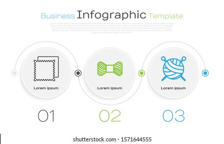 Ponga en línea Rollo de tela textil, Hilo de coser en bobina y Balón de yarn con agujas de punto. Plantilla de infografía empresarial. Vector
