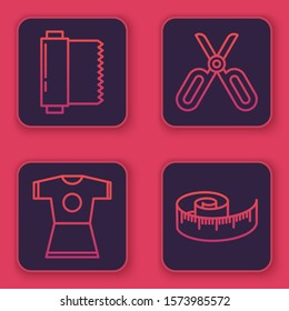 Set line Textile fabric roll, Woman dress, Scissors and Tape measure. Blue square button. Vector