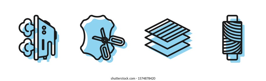 Set line Textile fabric roll, Electric iron, Scissors and leather and Sewing thread on spool icon. Vector