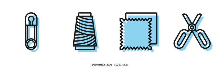 Set line Textile fabric roll, Classic closed steel safety pin, Sewing thread on spool and Scissors icon. Vector