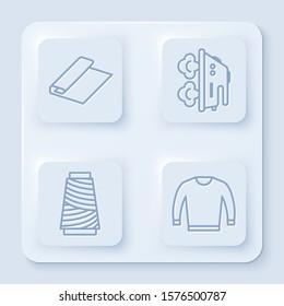 Set line Textile fabric roll, Electric iron, Sewing thread on spool and Sweater. White square button. Vector