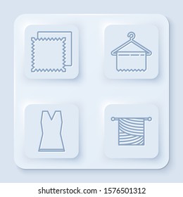 Set line Textile fabric roll, Hanger wardrobe, Woman dress and Knitting. White square button. Vector