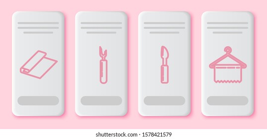 Set line Textile fabric roll, Cutter tool, Cutter tool and Hanger wardrobe. White rectangle button. Vector