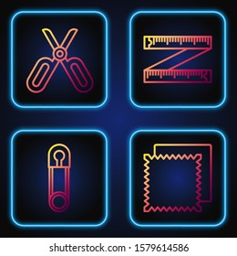 Set line Textile fabric roll, Classic closed steel safety pin, Scissors and Tape measure. Gradient color icons. Vector
