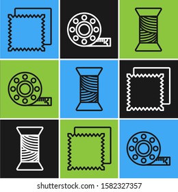 Set line Textile fabric roll, Sewing thread on spool and Tape measure icon. Vector