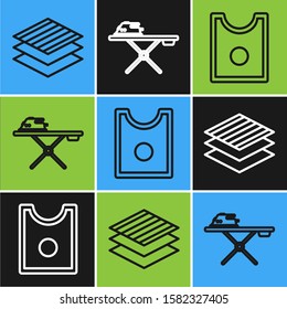 Set line Textile fabric roll, Sewing Pattern and Electric iron and ironing board icon. Vector