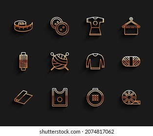 Set line Textile fabric roll, Sewing Pattern, Tape measure, Round adjustable embroidery hoop, Yarn ball with knitting needles, thread on spool and Sweater icon. Vector